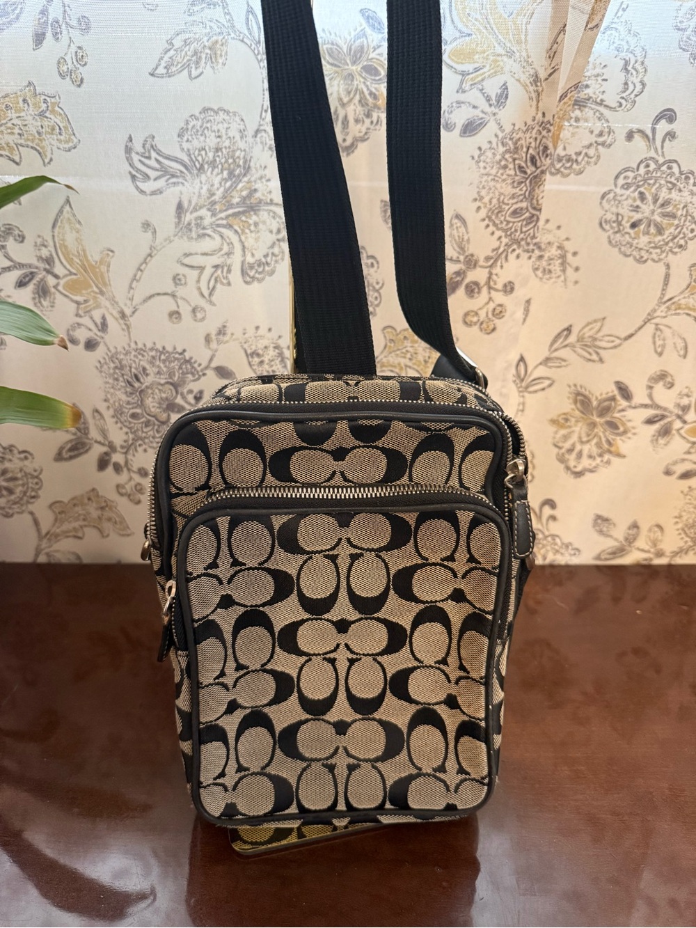 Coach Signature Canvas Crossbody Bag Black Khaki Mini Messenger Purse